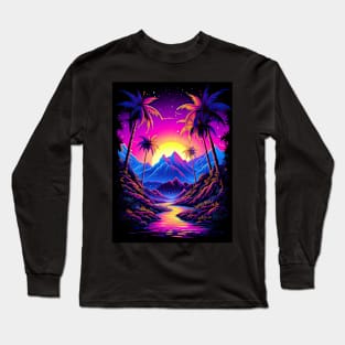 Racunbula Blacklight Sun Mountain Galaxy Planet UV Reactive Abstract Vaporwave Neon Cactus Coconut Trees Long Sleeve T-Shirt